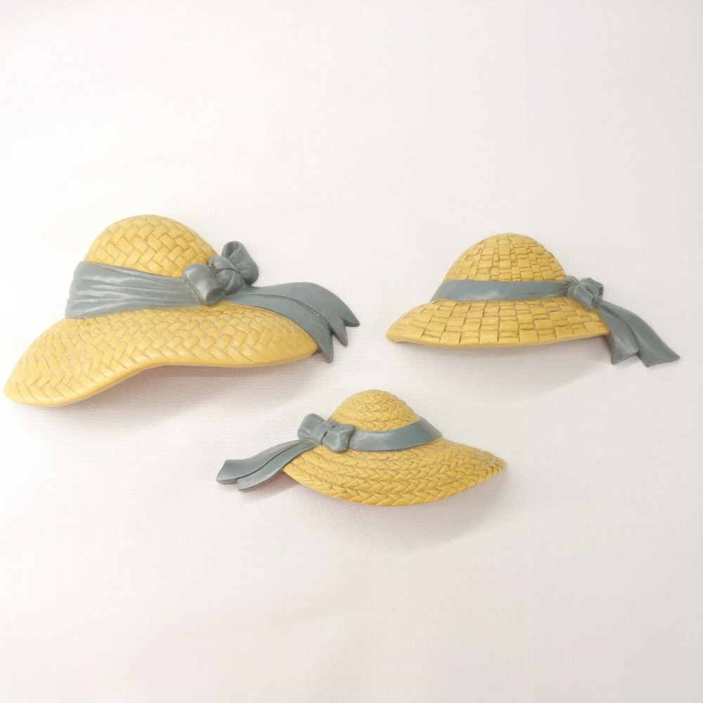Vintage 1987 Wall‎ Hanging Set Yellow Sun Hat Blue Ribbon Burwood Products
